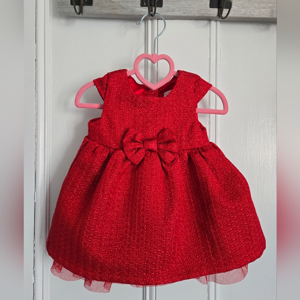Cat & Jack Sparkly Red Baby Dress w/ Bow & Crinoline Underskirt 6-9 Months
